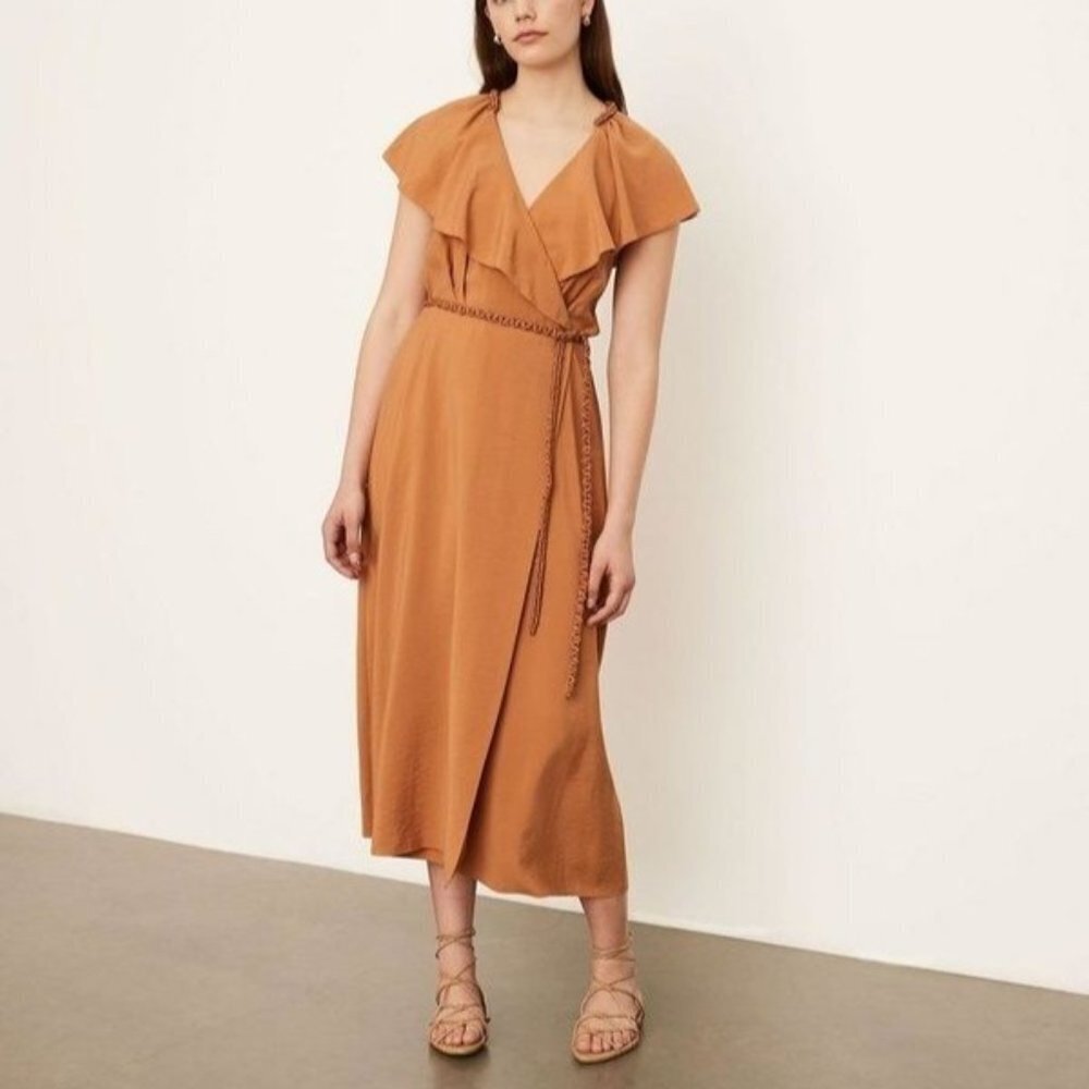 Vince NWT Braid Trim Flutter Sleeve Wrap Dress Copper Rust Medium